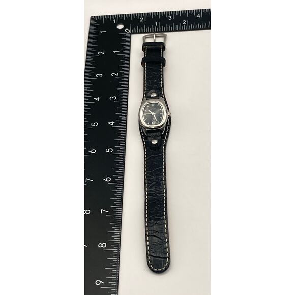 Fossil F2 Womens Watch 23mm - New Battery - Black Leather Bund Cuff Band Date - Picture 8 of 9